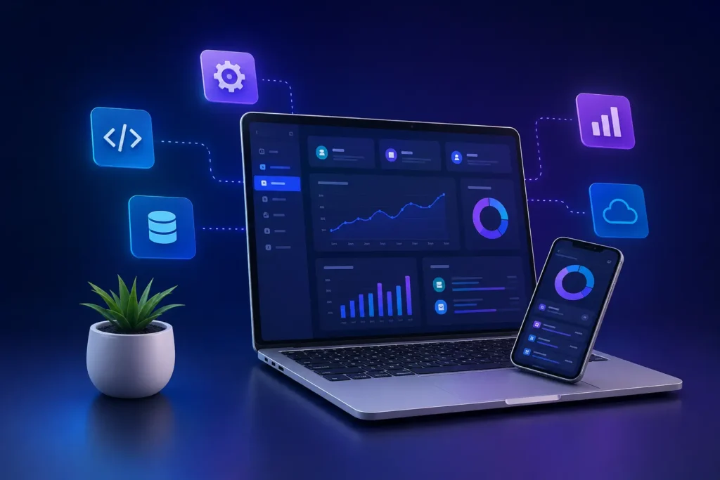 Professional web application development illustration showing a business dashboard on laptop and mobile for scalable business performance